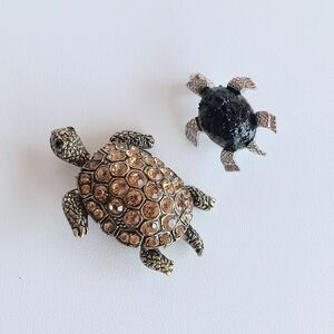 Lot Of 2 Turtle Brooch Rhinestone & Black Coal